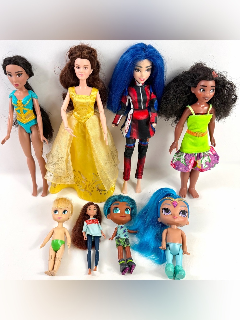 Disney Princess Doll Lot Belle Jasmine Moana Evie Tinker Bell 8 Dolls 1 Sings